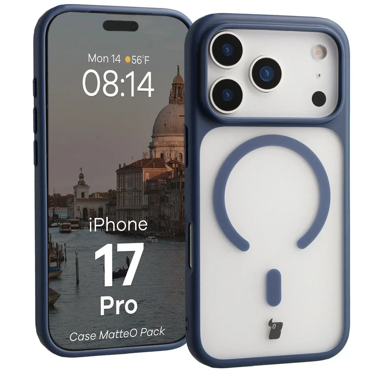 Schutzhülle mit Magnetring + gehärtetem Glas Bizon MatteO Pack für iPhone 17 Pro, Getönt-Dunkelblau - Image 3
