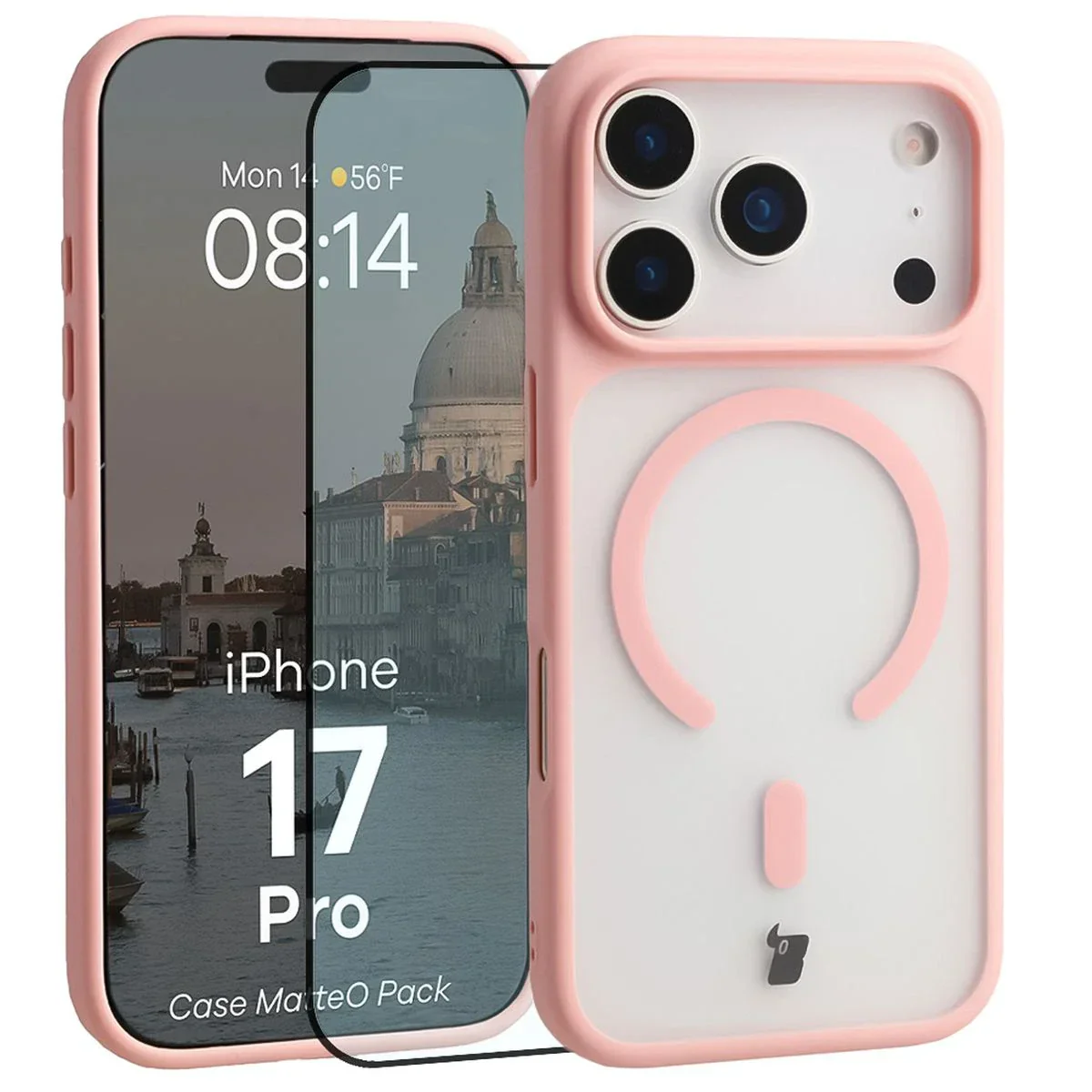 Schutzhülle mit Magnetring + gehärtetem Glas Bizon MatteO Pack für iPhone 17 Pro, Getönt-Hellrosa