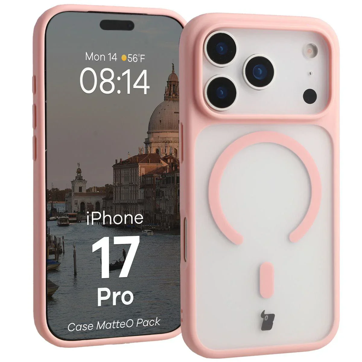 Schutzhülle mit Magnetring + gehärtetem Glas Bizon MatteO Pack für iPhone 17 Pro, Getönt-Hellrosa - Image 3
