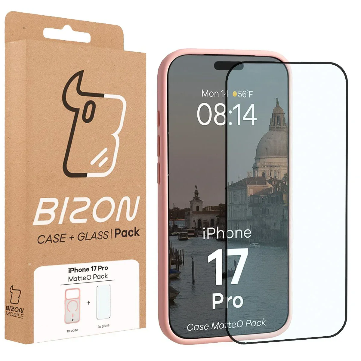 Schutzhülle mit Magnetring + gehärtetem Glas Bizon MatteO Pack für iPhone 17 Pro, Getönt-Hellrosa - Image 9