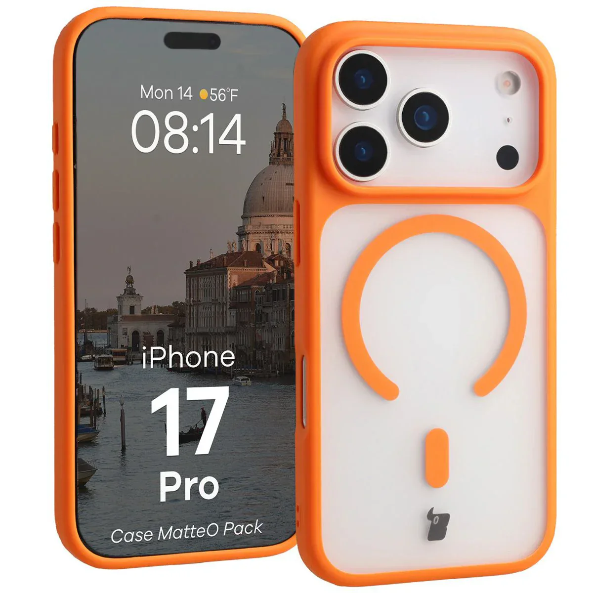 Schutzhülle mit Magnetring + gehärtetem Glas Bizon MatteO Pack für iPhone 17 Pro, Getönt-Orange - Image 3