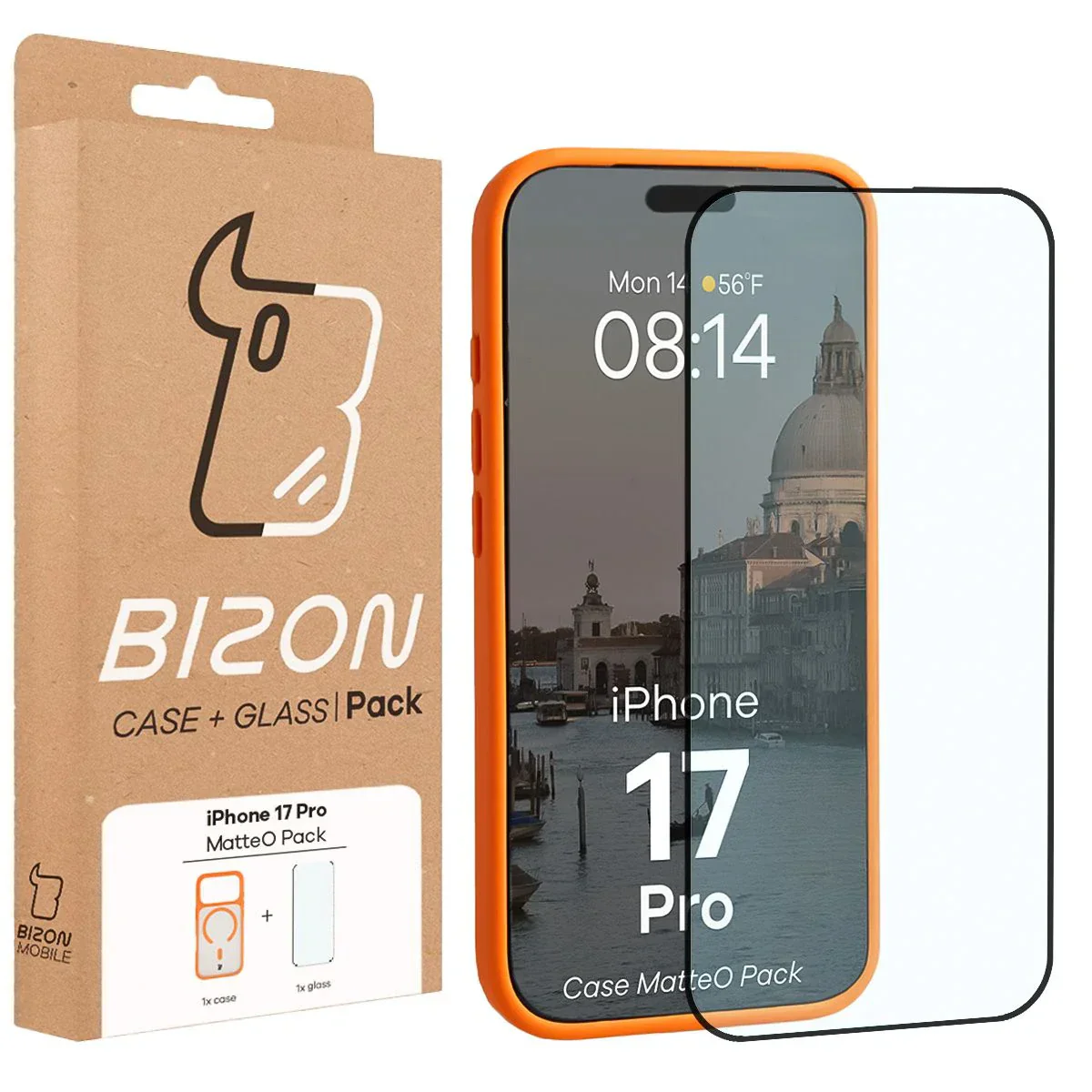 Schutzhülle mit Magnetring + gehärtetem Glas Bizon MatteO Pack für iPhone 17 Pro, Getönt-Orange - Image 9