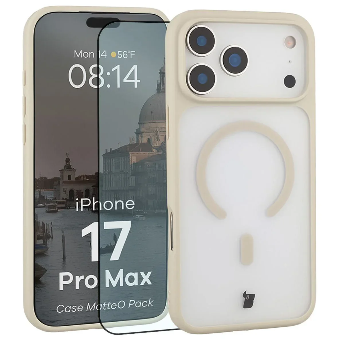 Schutzhülle mit Magnetring + gehärtetem Glas Bizon MatteO Pack für iPhone 17 Pro Max, Getönt-Beige
