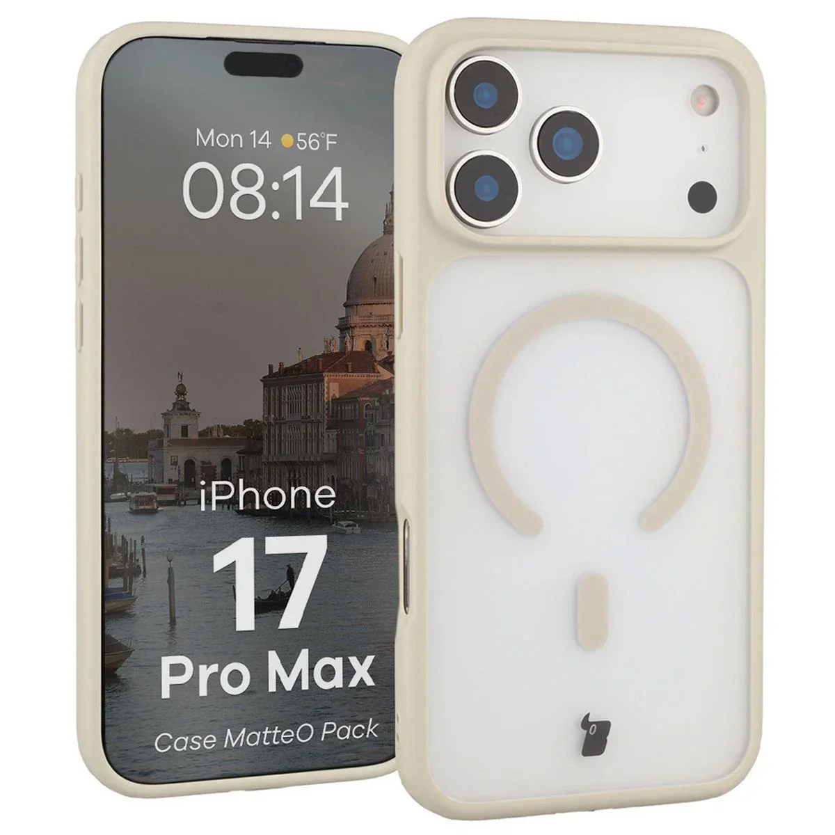 Schutzhülle mit Magnetring + gehärtetem Glas Bizon MatteO Pack für iPhone 17 Pro Max, Getönt-Beige - Image 3