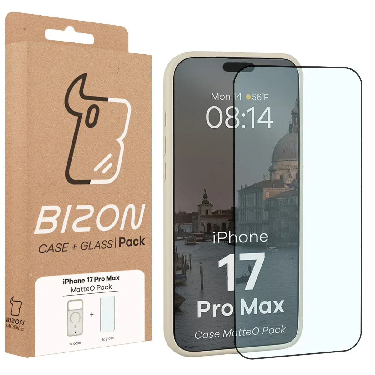 Schutzhülle mit Magnetring + gehärtetem Glas Bizon MatteO Pack für iPhone 17 Pro Max, Getönt-Beige - Image 9