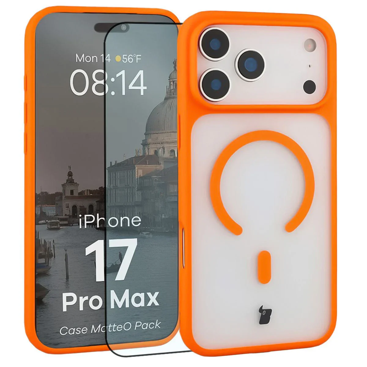 Schutzhülle mit Magnetring + gehärtetem Glas Bizon MatteO Pack für iPhone 17 Pro Max, Getönt-Orange