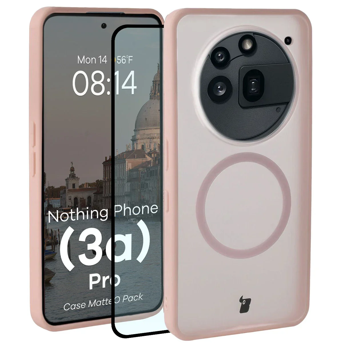 Schutzhülle mit Magnetring + gehärtetem Glas Bizon MatteO Pack für Nothing Phone (3a) Pro, Getönt-Rosa
