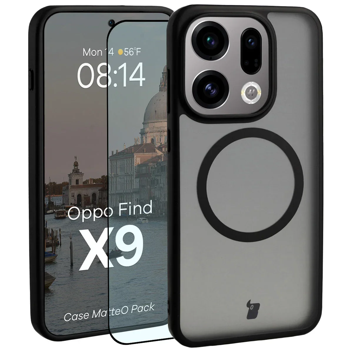 Schutzhülle mit Magnetring + gehärtetem Glas Bizon MatteO Pack für Oppo Find X9, Getönt-Schwarz