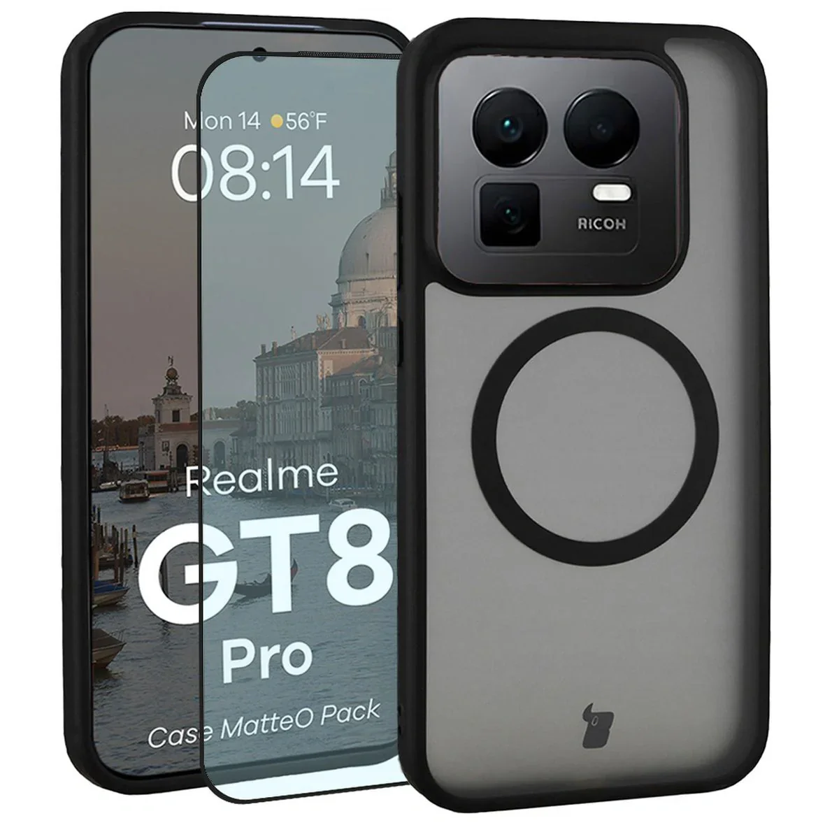Schutzhülle mit Magnetring + gehärtetem Glas Bizon MatteO Pack für Realme GT 8 Pro, Getönt-Schwarz