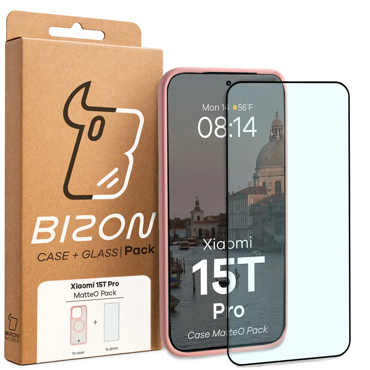 Schutzhülle mit Magnetring + gehärtetem Glas Bizon MatteO Pack für Xiaomi 15T Pro, Getönt-Hellrosa - Image 9