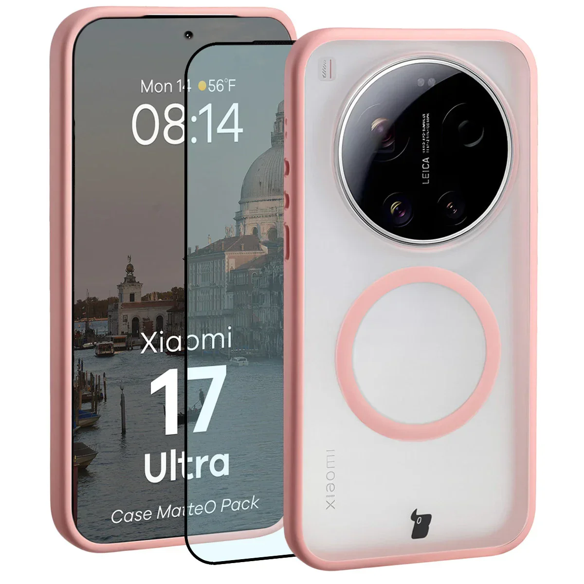 Schutzhülle mit Magnetring + gehärtetem Glas Bizon MatteO Pack für Xiaomi 17 Ultra, Getönt-Hellrosa