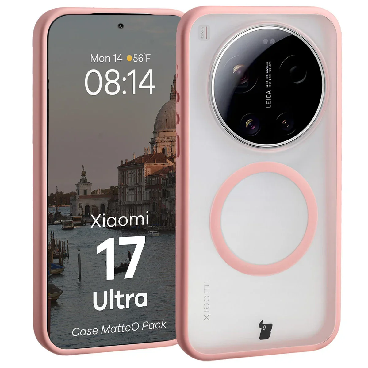 Schutzhülle mit Magnetring + gehärtetem Glas Bizon MatteO Pack für Xiaomi 17 Ultra, Getönt-Hellrosa - Image 3