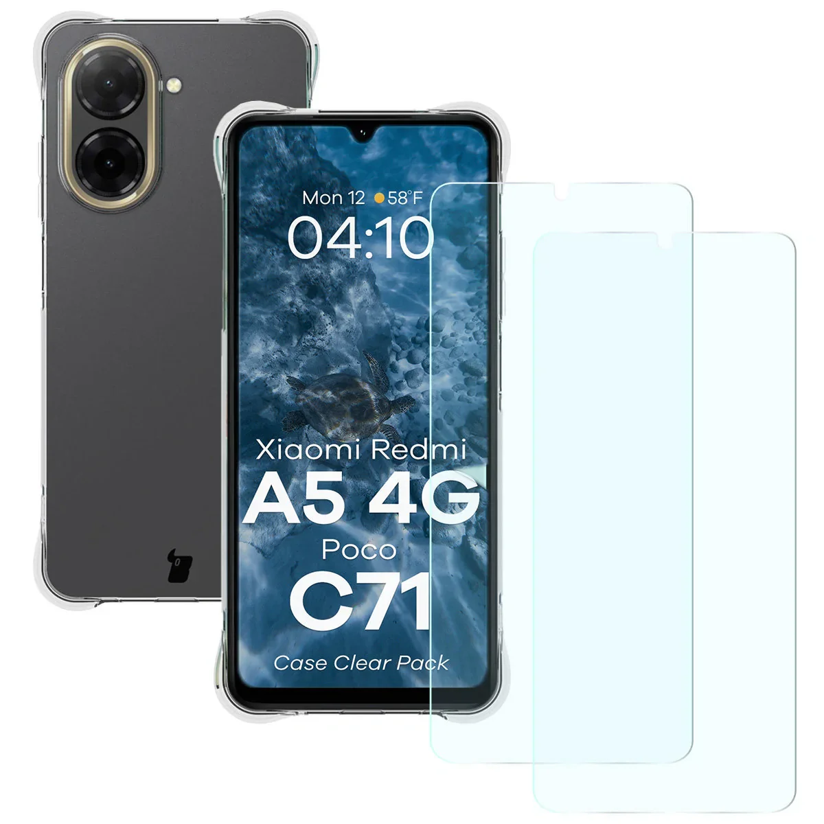 Schutzhülle + 2x gehärtetes Glas für Xiaomi Redmi A5 4G / POCO C71 4G, Bizon Case Clear Pack, Transparent
