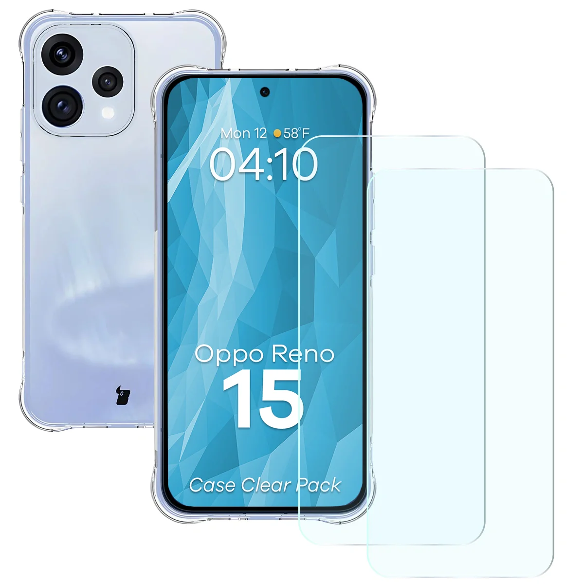 Schutzhülle + 2x gehärtetes Glas für Oppo Reno 15, Bizon Case Clear Pack, Transparent