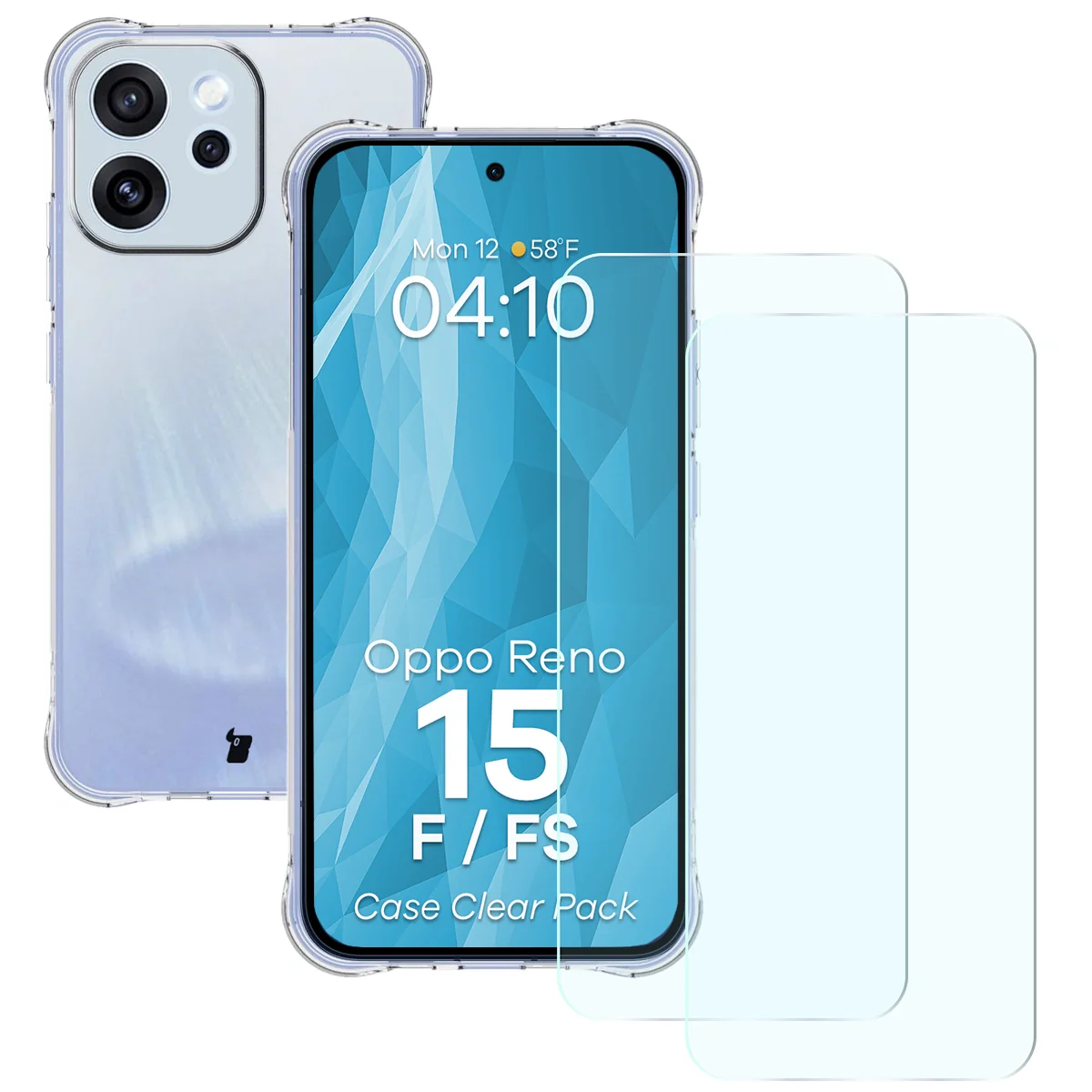 Schutzhülle + 2x gehärtetes Glas für Oppo Reno 15 F / FS, Bizon Case Clear Pack, Transparent