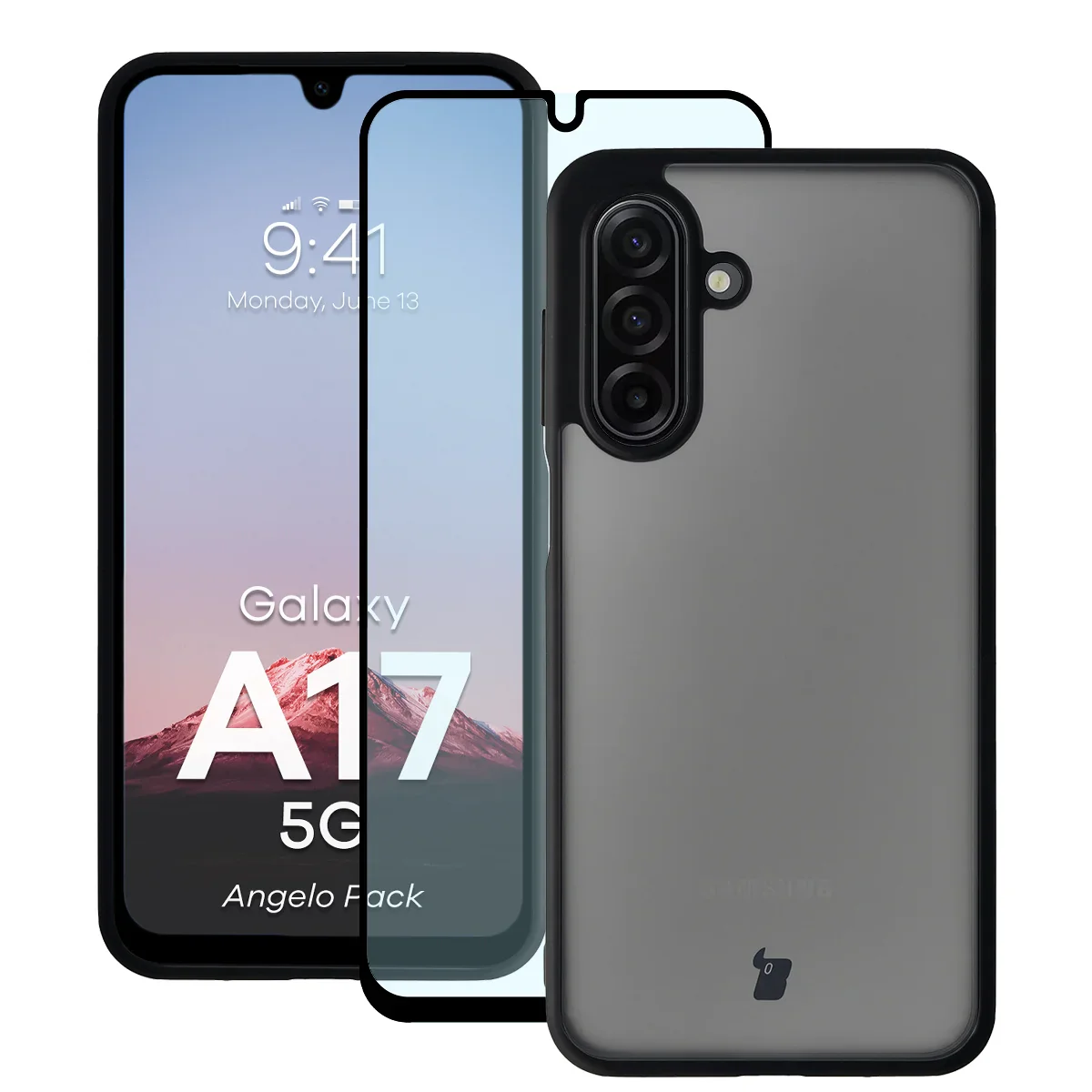 Schutzhülle + gehärtetem Glas Bizon Angelo Pack für Galaxy A17 5G, Getönte mit schwarzem Rahmen