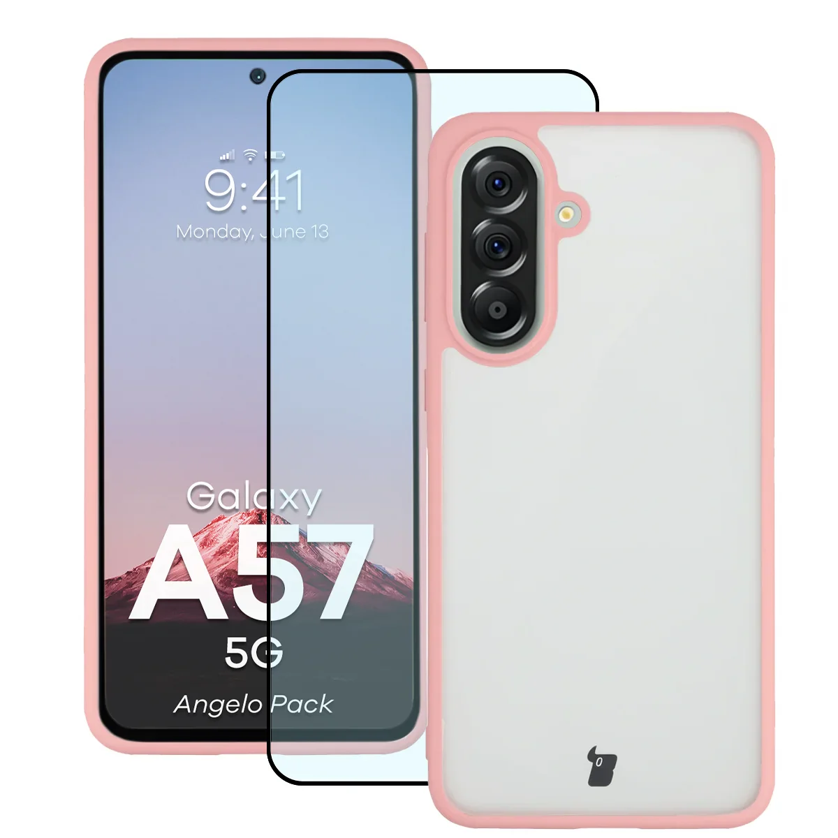 Schutzhülle + gehärtetem Glas Bizon Angelo Pack für Galaxy A57 5G, Getönte mit hellrosem Rahmen