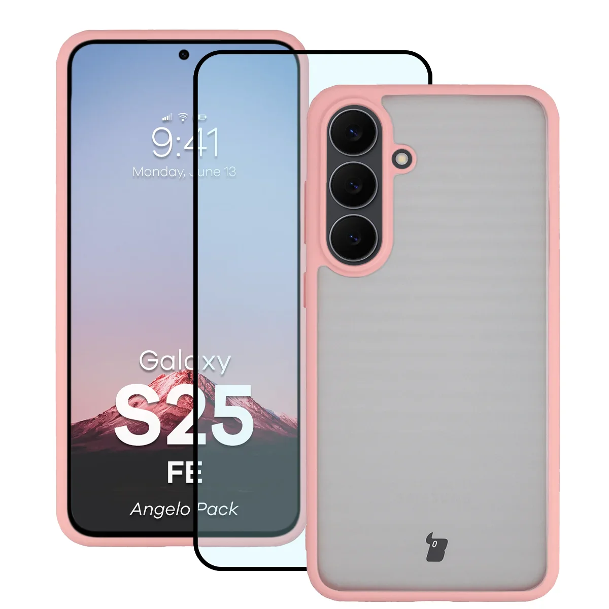 Schutzhülle + gehärtetem Glas Bizon Angelo Pack für Galaxy S25 FE, Getönte mit hellrosem Rahmen