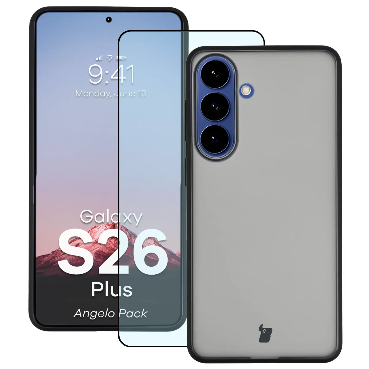 Schutzhülle + gehärtetem Glas Bizon Angelo Pack für Galaxy S26 Plus, Getönte mit schwarzem Rahmen