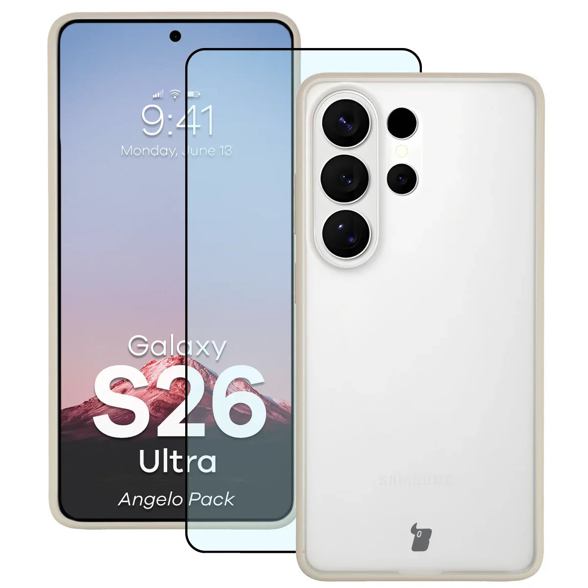 Schutzhülle + gehärtetem Glas Bizon Angelo Pack für Galaxy S26 Ultra, Getönte mit beigem Rahmen