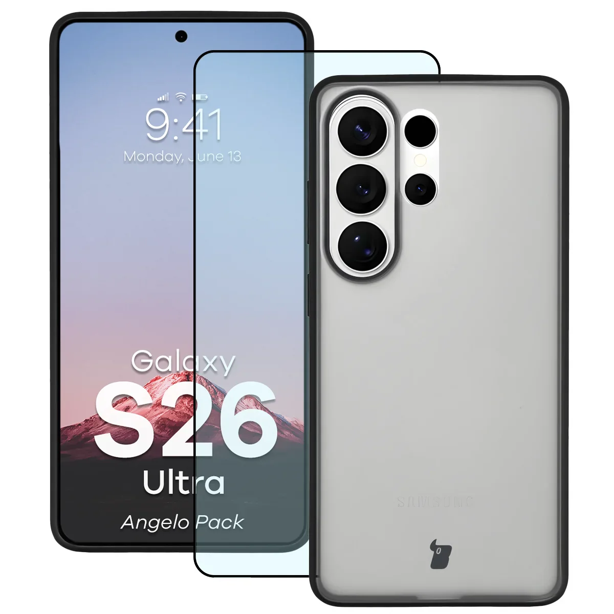 Schutzhülle + gehärtetem Glas Bizon Angelo Pack für Galaxy S26 Ultra, Getönte mit schwarzem Rahmen