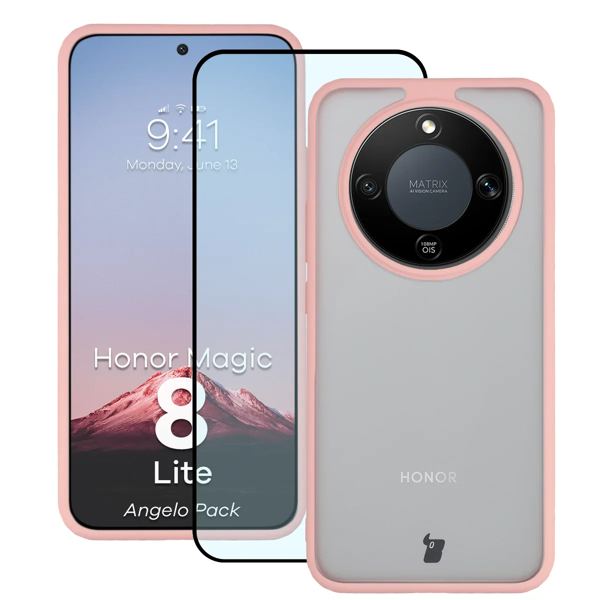 Schutzhülle + gehärtetem Glas Bizon Angelo Pack für Honor Magic8 Lite, Getönte mit hellrosem Rahmen