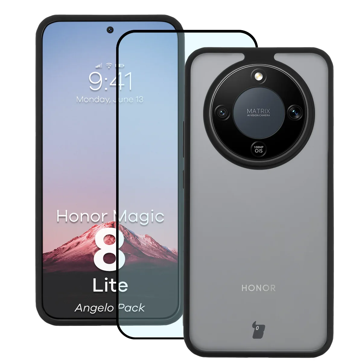 Schutzhülle + gehärtetem Glas Bizon Angelo Pack für Honor Magic8 Lite, Getönte mit schwarzem Rahmen