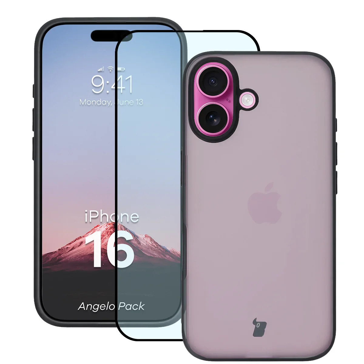 Schutzhülle + gehärtetem Glas Bizon Angelo Pack für iPhone 16, Getönte mit schwarzem Rahmen