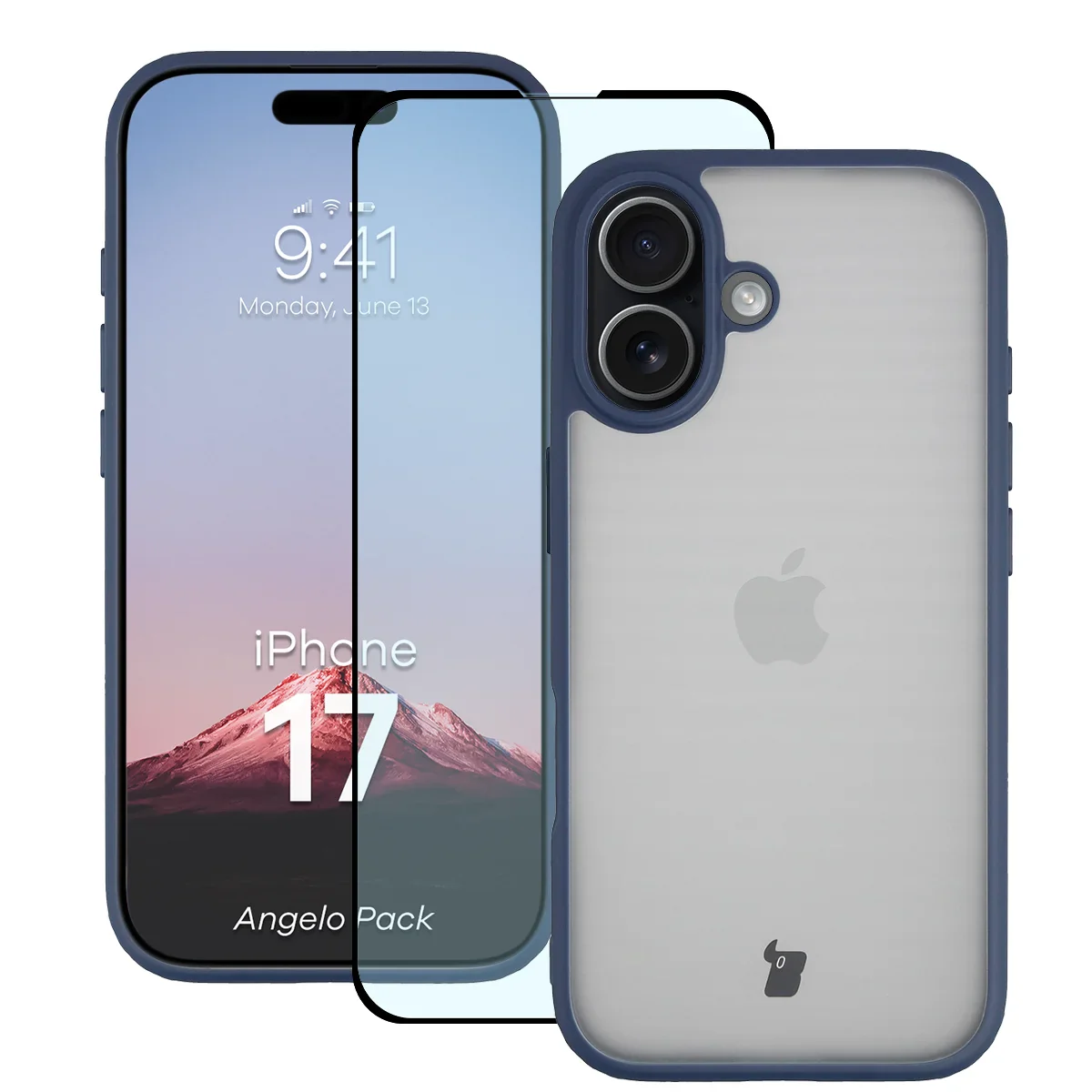 Schutzhülle + gehärtetem Glas Bizon Angelo Pack für iPhone 17, Getönte mit dunkelblauem Rahmen