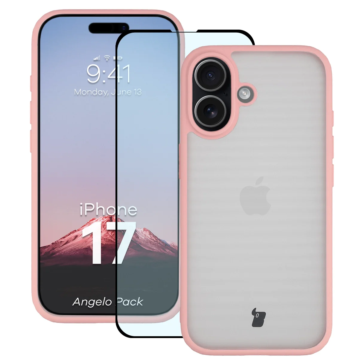 Schutzhülle + gehärtetem Glas Bizon Angelo Pack für iPhone 17, Getönte mit hellrosem Rahmen