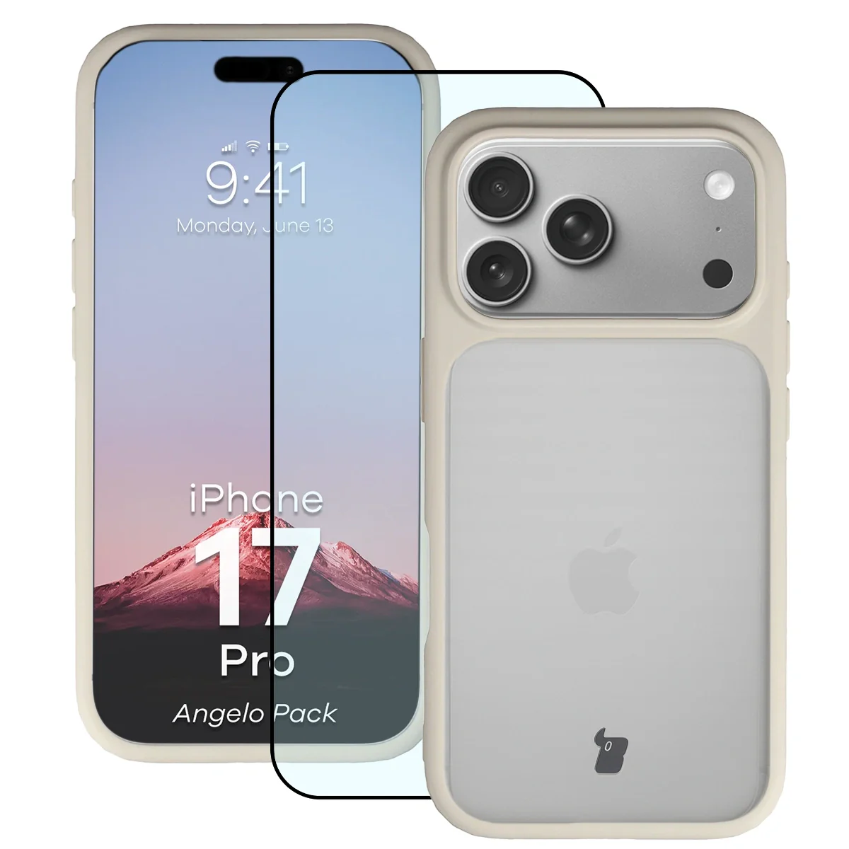 Schutzhülle + gehärtetem Glas Bizon Angelo Pack für iPhone 17 Pro, Getönte mit beigem Rahmen