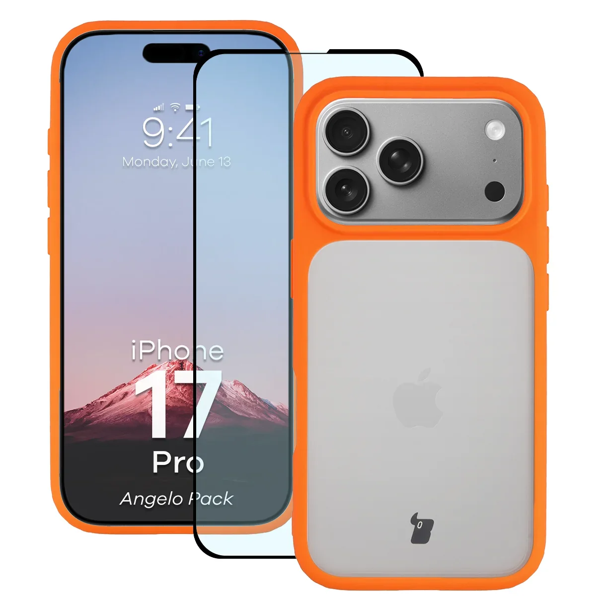 Schutzhülle + gehärtetem Glas Bizon Angelo Pack für iPhone 17 Pro, Getönte mit orangefarbenem Rahmen