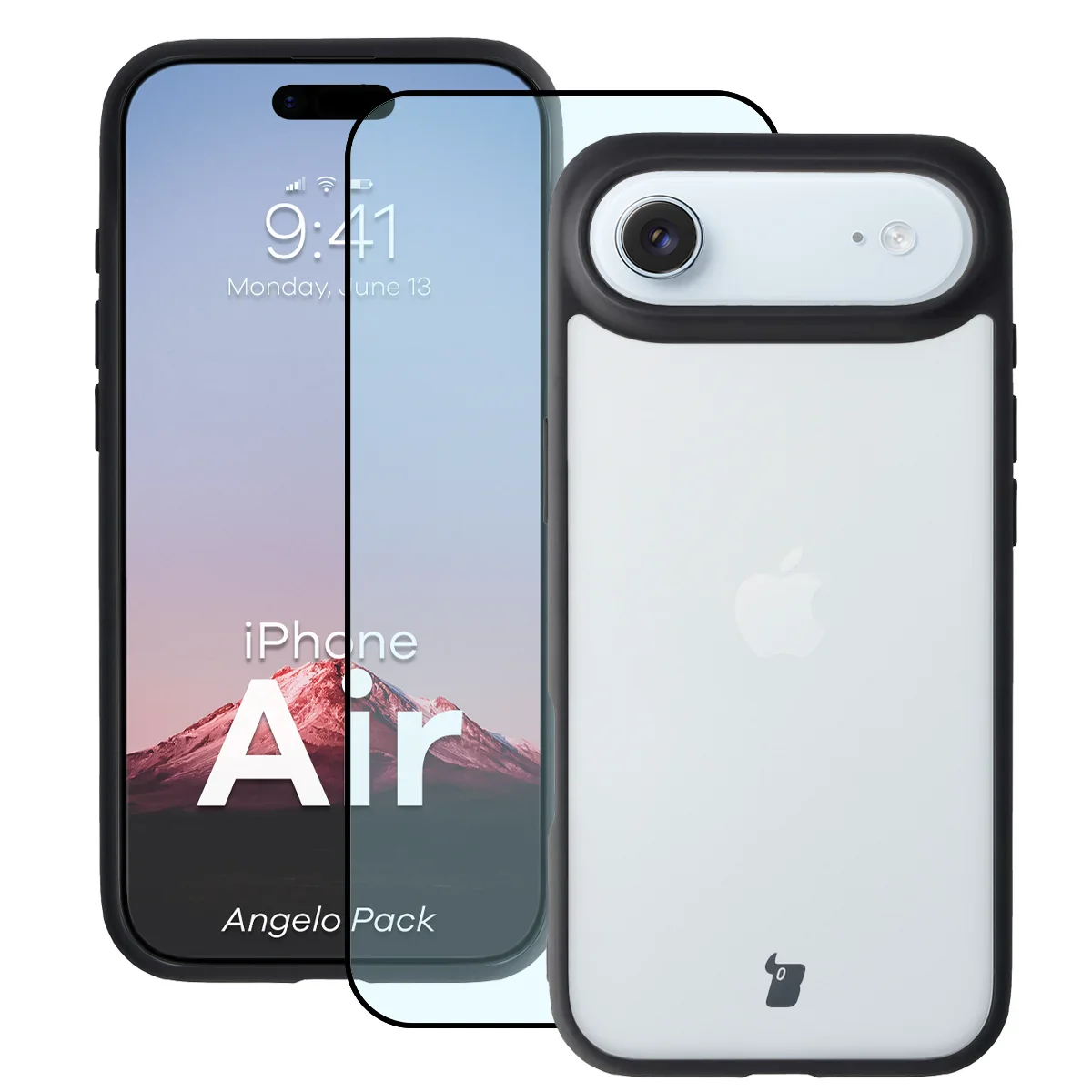 Schutzhülle + gehärtetem Glas Bizon Angelo Pack für iPhone Air, Getönte mit schwarzem Rahmen