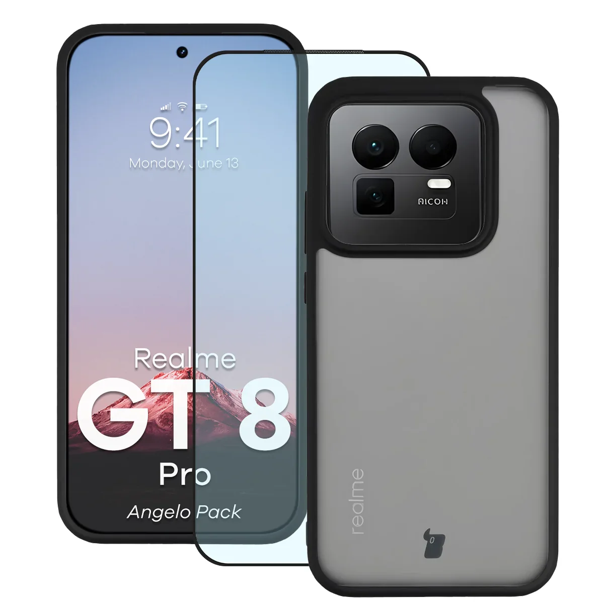 Schutzhülle + gehärtetem Glas Bizon Angelo Pack für Realme GT 8 Pro, Getönte mit schwarzem Rahmen