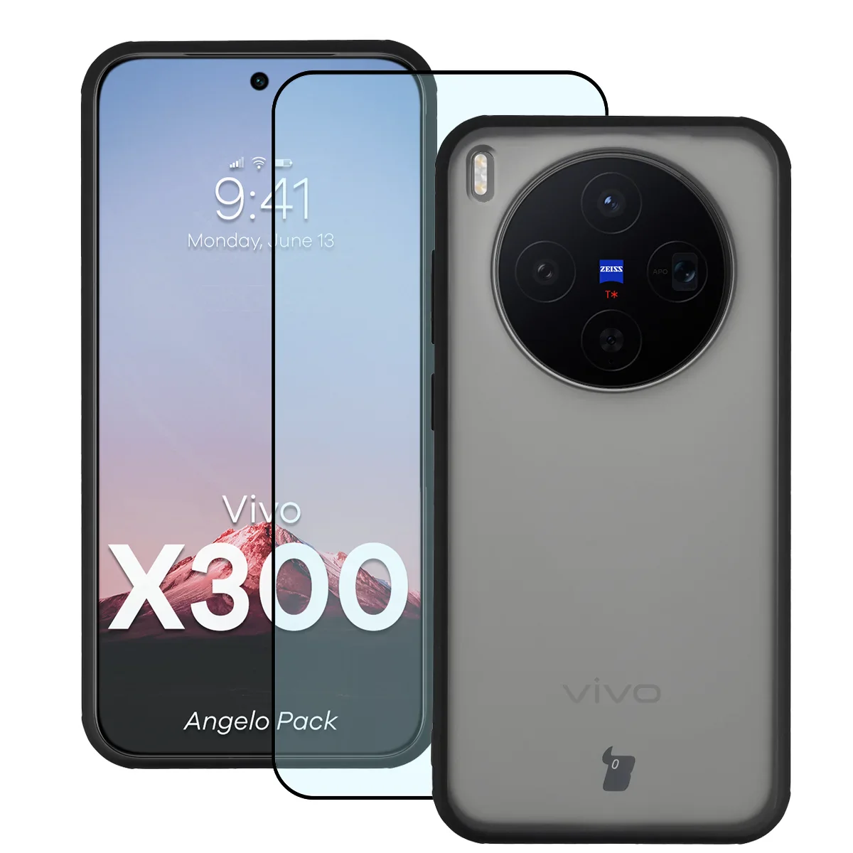Schutzhülle + gehärtetem Glas Bizon Angelo Pack für Vivo X300, Getönte mit schwarzem Rahmen