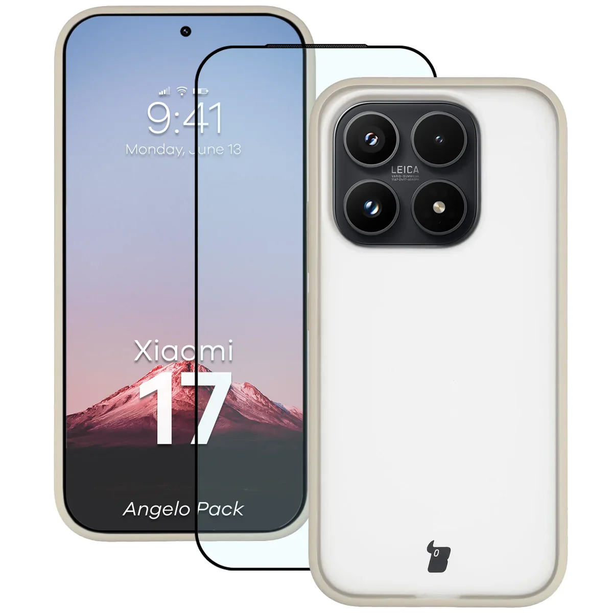 Schutzhülle + gehärtetem Glas Bizon Angelo Pack für Xiaomi 17, Getönte mit beigem Rahmen