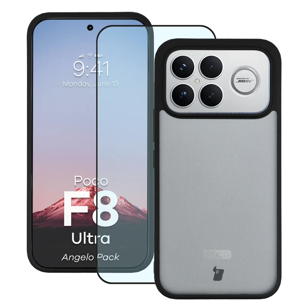 Schutzhülle + gehärtetem Glas Bizon Angelo Pack für Xiaomi POCO F8 Ultra, Getönte mit schwarzem Rahmen