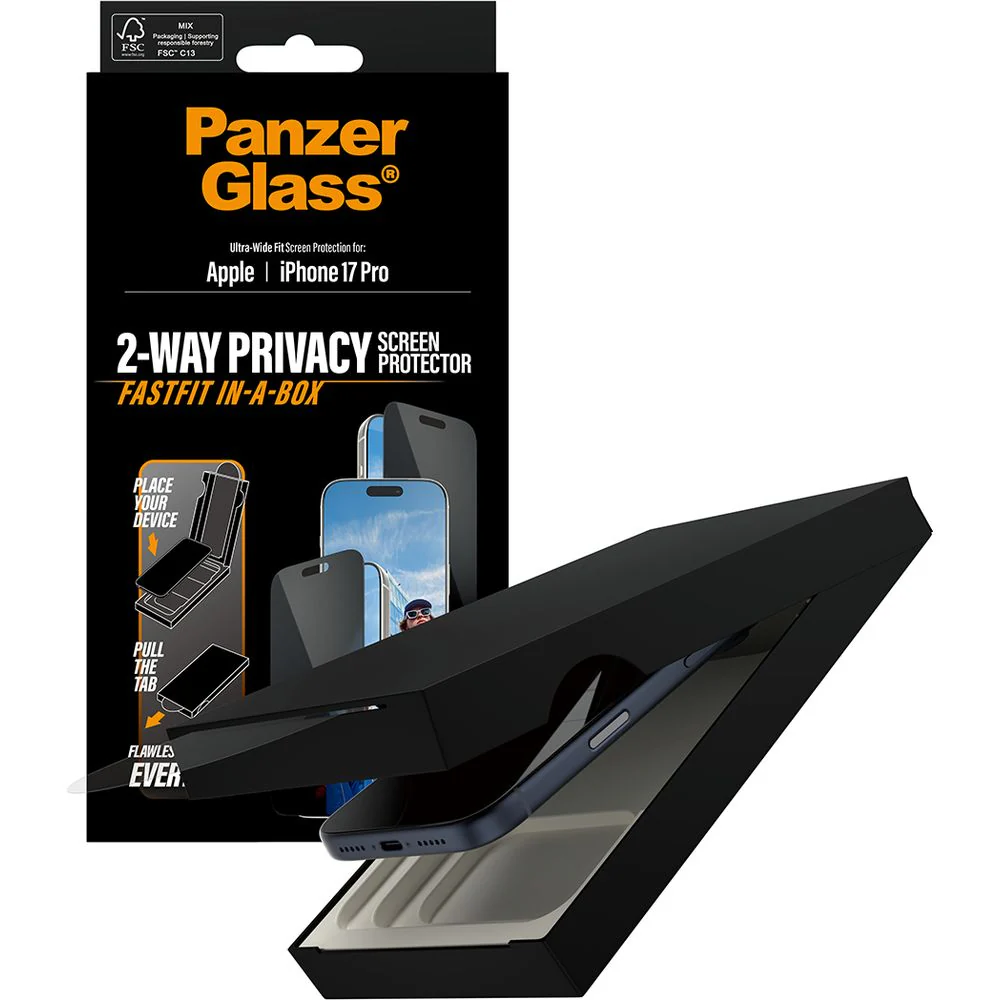 Sichtschutzglas mit Applikator für iPhone 17 Pro, PanzerGlass 2-way Privacy Ultra-Wide Fit Fastfit
